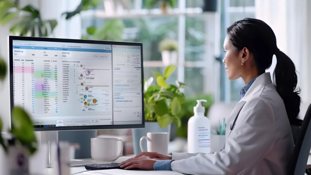 Healthcare Female Provider monitoring scheduling analytics on computer