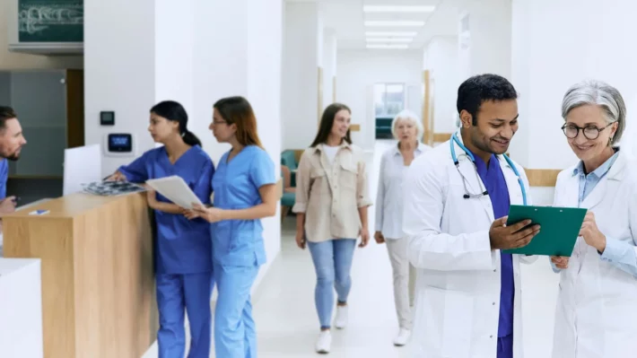 Healthcare center manageing patient in busy hospital lobby